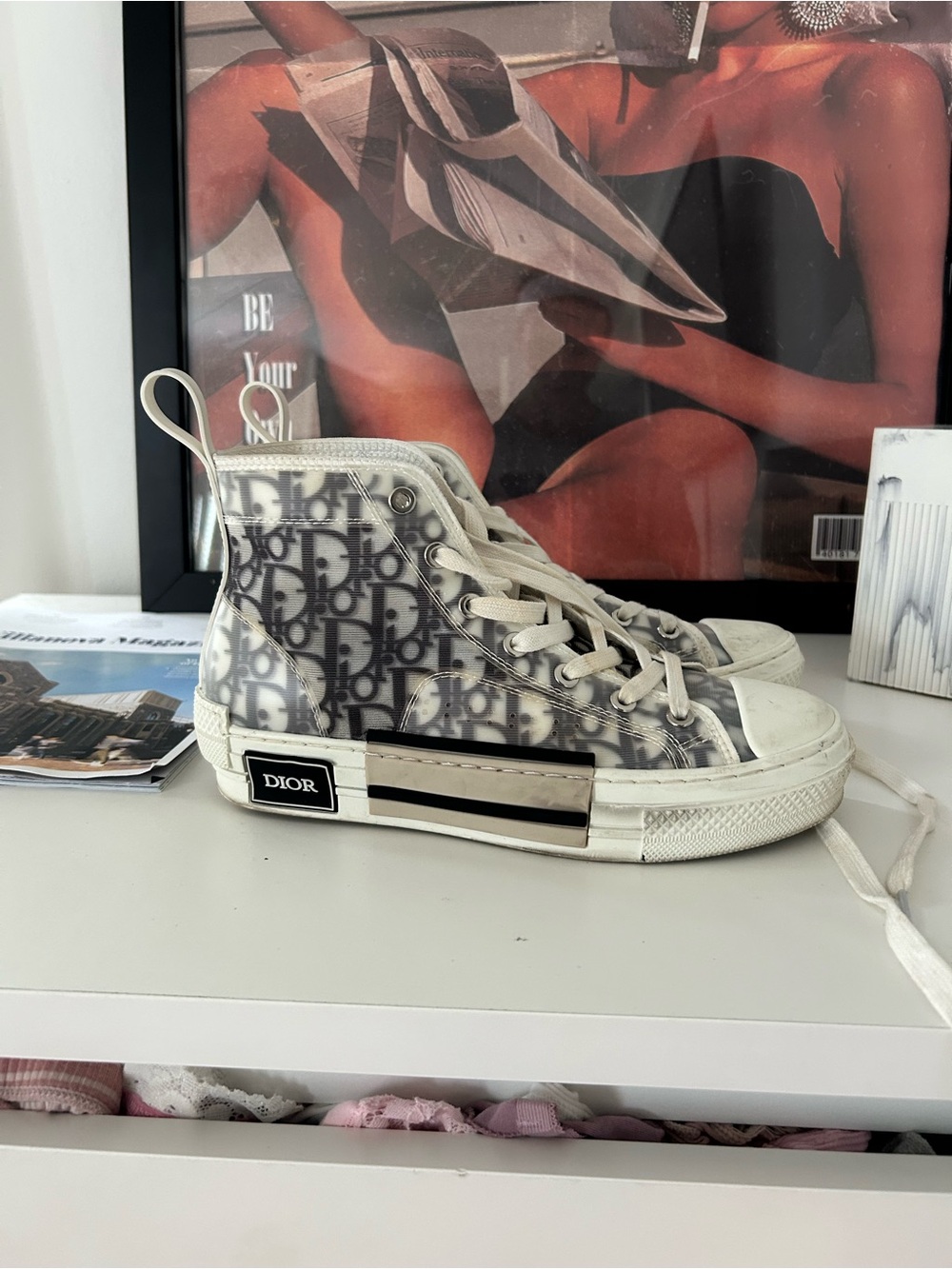 Dior High-Top Sneakers in White and Grey Monogram